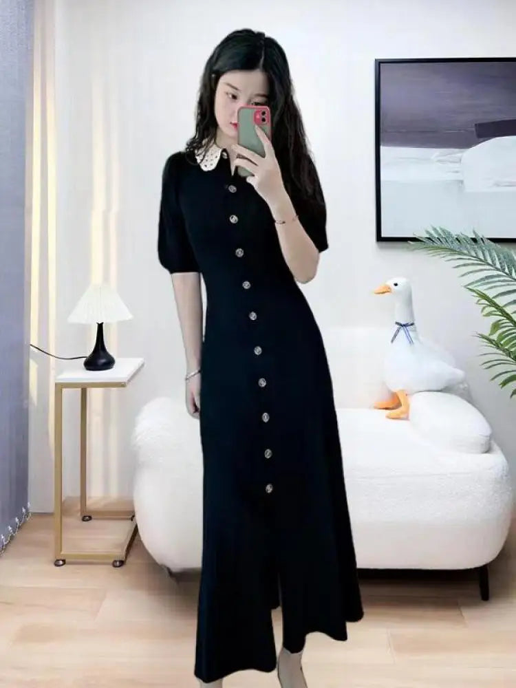 French Fashion Women Black Doll Collar Single Breasted Knitted Dress Spring Summer Red Elegant Short Sleeves Holiday Long Dress