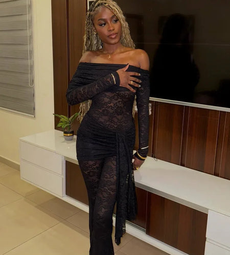 Elegant Off Shoulder Long Sleeved Lace Up Jumpsuit Party Club Jumpsuit Backless Lace See Through Jumpsuit Spring New2025