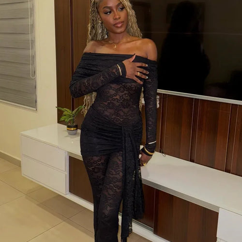 Load image into Gallery viewer, Elegant Off Shoulder Long Sleeved Lace Up Jumpsuit Party Club Jumpsuit Backless Lace See Through Jumpsuit Spring New2025
