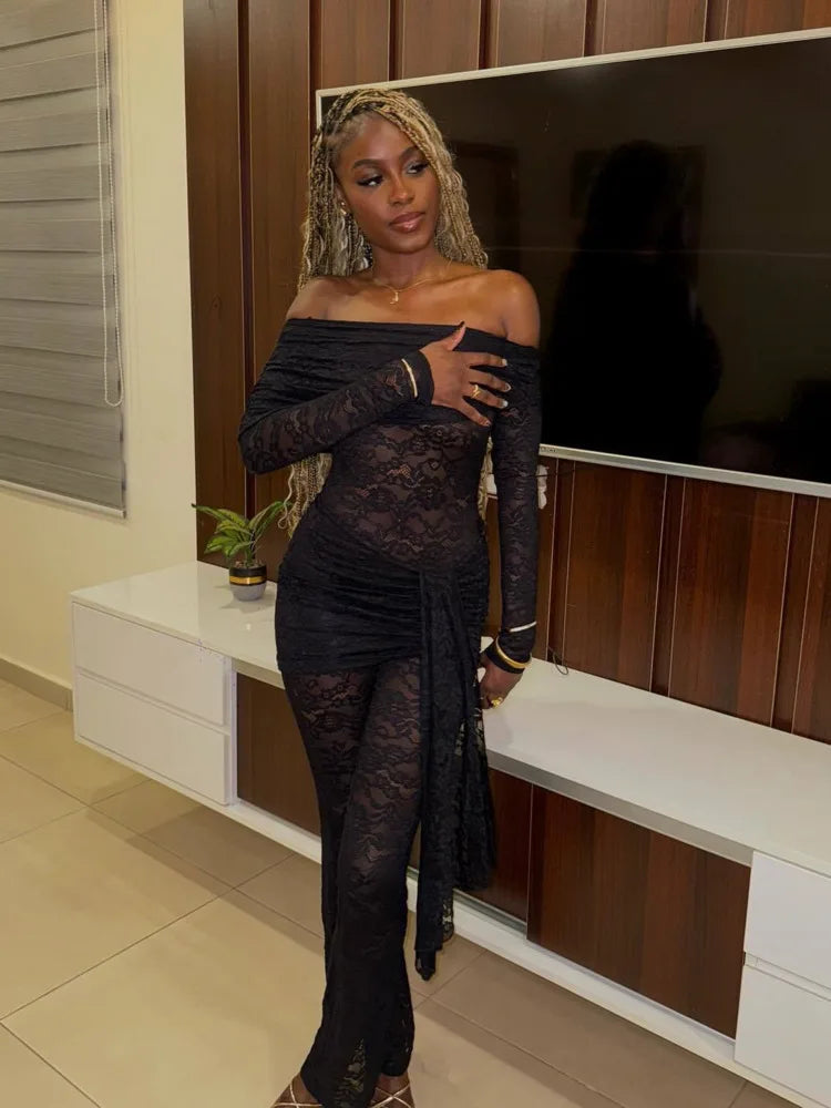 Elegant Off Shoulder Long Sleeved Lace Up Jumpsuit Party Club Jumpsuit Backless Lace See Through Jumpsuit Spring New2025