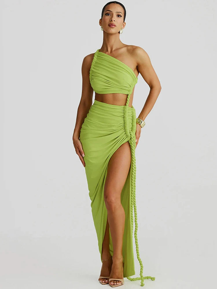 Off-shoulder Thigh High Split Sexy Maxi Dress For Women Fashion Strapless Sleeveless Ruched Bodycon Club Party Dress