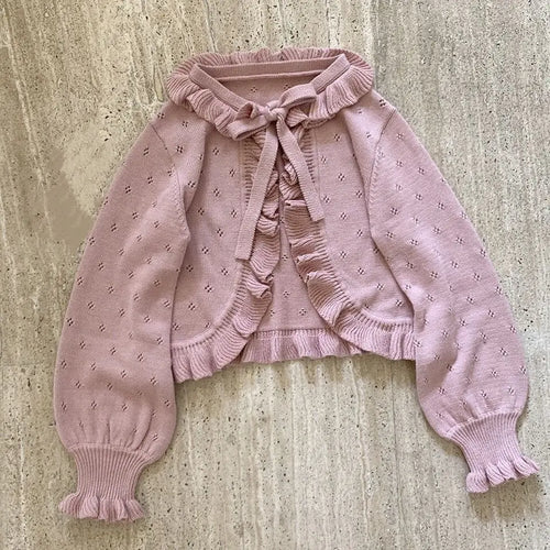 Load image into Gallery viewer, Japanese Kawaii Lolita Cardigan Women Vintage Lantern Sleeve Thin Ruffle Sweater Coat Knitted Kardigany Girls Cute Tops
