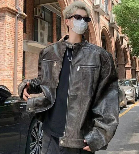 PU Leather Jackets New Fashion Tide Round Collar Male Zipper Make Old Reteo Male Jacket 2025 Spring Trend Men 9C9258