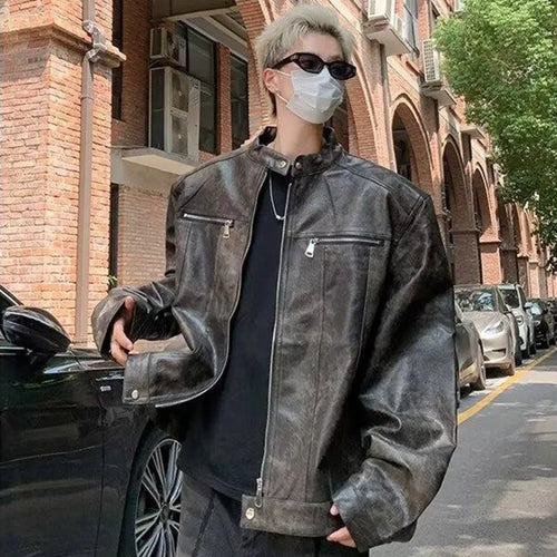 Load image into Gallery viewer, PU Leather Jackets New Fashion Tide Round Collar Male Zipper Make Old Reteo Male Jacket 2025 Spring Trend Men 9C9258
