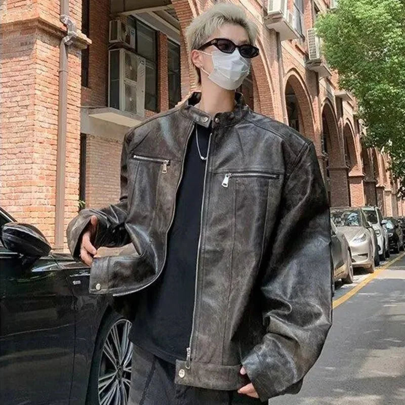 PU Leather Jackets New Fashion Tide Round Collar Male Zipper Make Old Reteo Male Jacket 2025 Spring Trend Men 9C9258