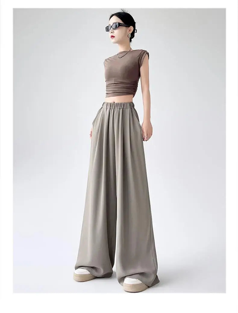 French Simplicity Solid Loose High Waisted Pockets Wide Leg Long Pants For Women's Spring Summer Casual Pleated Trousers Fashion