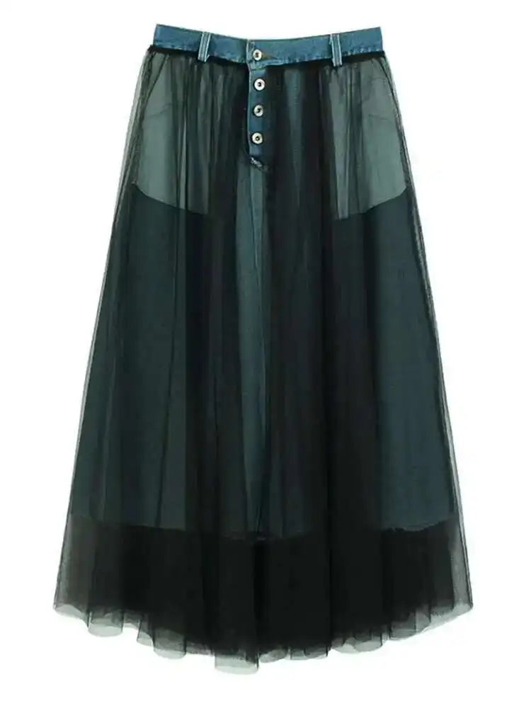 High Elastic Waist Black Mesh Denim Casual A-line Half-body Skirt Women Fashion Tide New Spring Autumn 2025 1DH6911