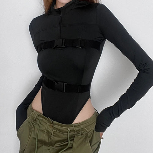 Load image into Gallery viewer, Streetwear Buckle Stitched Fitness Autumn Bodysuit Female Hooded Long Sleeve Zipper Basic Body Catsuit Outfits Romper
