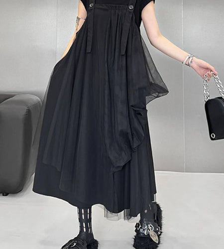 Women Black Irregular Mesh Big Size Strap Dress New Square Collar Sleeveless Fashion Tide Spring Autumn 2025 1DJ1413