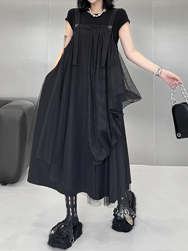 Women Black Irregular Mesh Big Size Strap Dress New Square Collar Sleeveless Fashion Tide Spring Autumn 2025 1DJ1413