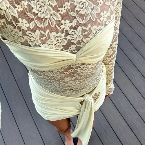 Load image into Gallery viewer, Lace See Through Draped Mini Dress Women Robe Elegant Patchwork Long Sleeve Slim Ruched Club Party Dress Clubwear
