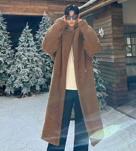 Thick Men's Faux Fur Jackets Lapel Overknee Casual Windbreakers Solid Color Double Breasted Loose Male Trench 2024 9C8839