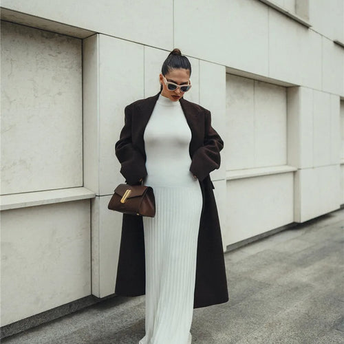 Load image into Gallery viewer, Half High Collar Sleeveless Knit Maxi Dress For Women Fashion Solid Bodycon Sexy Pleated Long Knitted Sweater Dress
