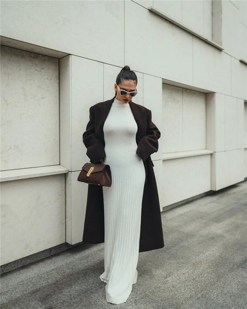 Half High Collar Sleeveless Knit Maxi Dress For Women Fashion Solid Bodycon Sexy Pleated Long Knitted Sweater Dress