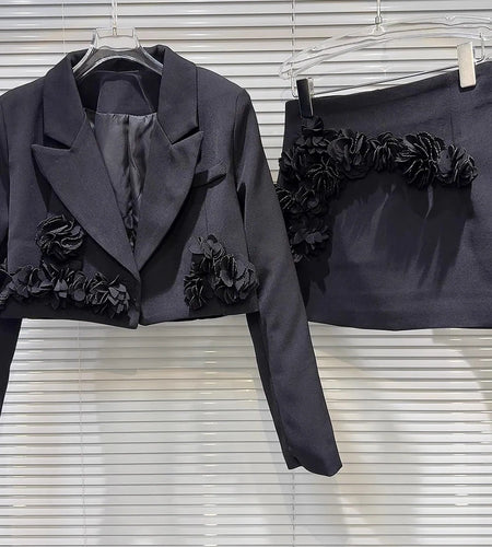 Spliced Appliques Alimming Two Piece Set For Women Lapel Long Sleeve Coat High Waist Temperament Skirt Sets Female