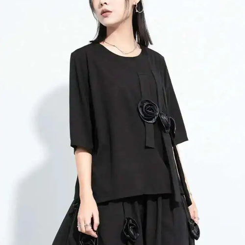 Load image into Gallery viewer, Women Black Flower Ribbons Big Size Casual T-shirt New Round Neck Short Sleeve Fashion Tide Spring Summer 2025 1DH5980

