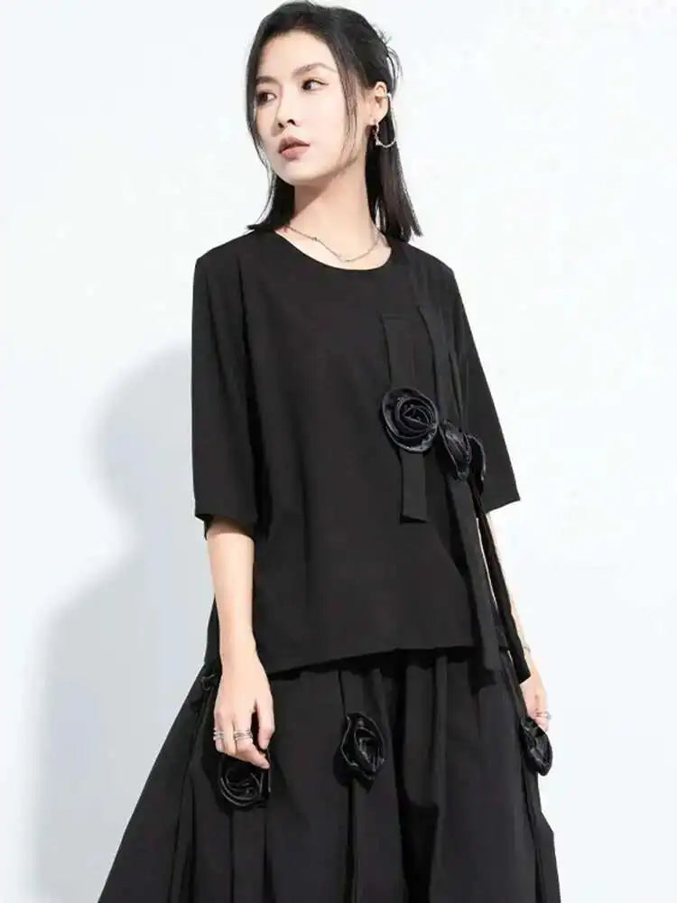 Women Black Flower Ribbons Big Size Casual T-shirt New Round Neck Short Sleeve Fashion Tide Spring Summer 2025 1DH5980