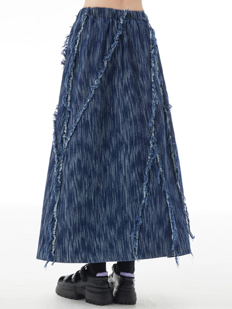 Colorblock Patchwork Folds Denim Skirt For Women High Waist Spliced Pocket Vintage A Line Skirts Female Style