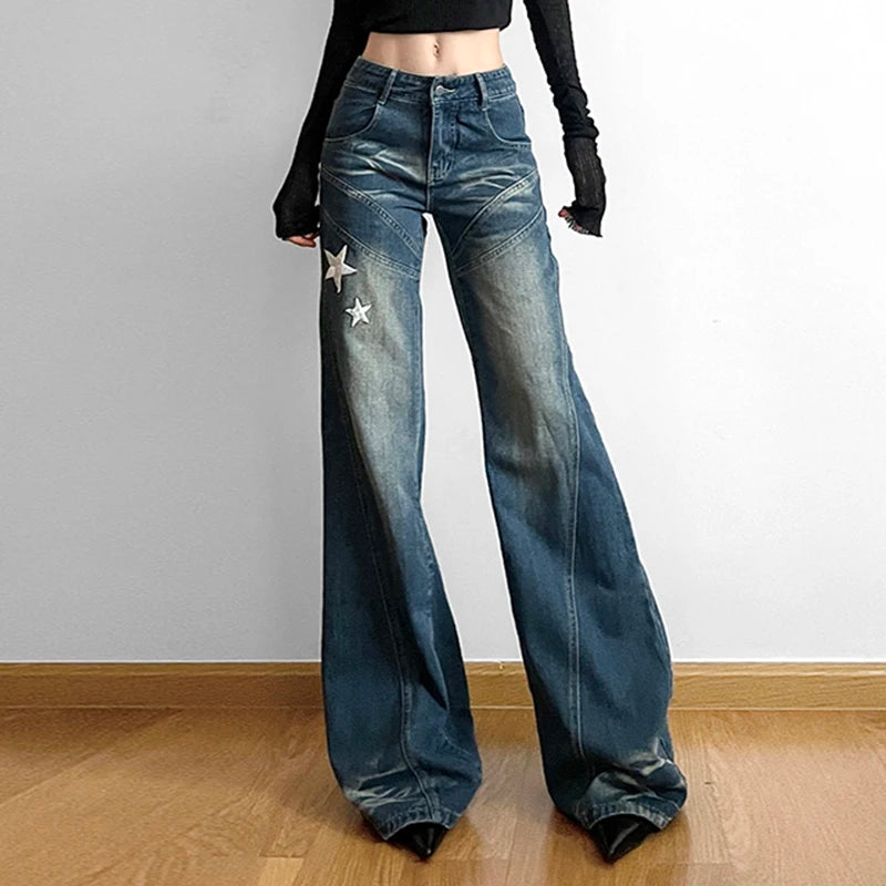 Korean Fashion Star Embroidery Flared Jeans Women Streetwear Star Embroidery Distressed Boot Cut Denim Trousers Pants