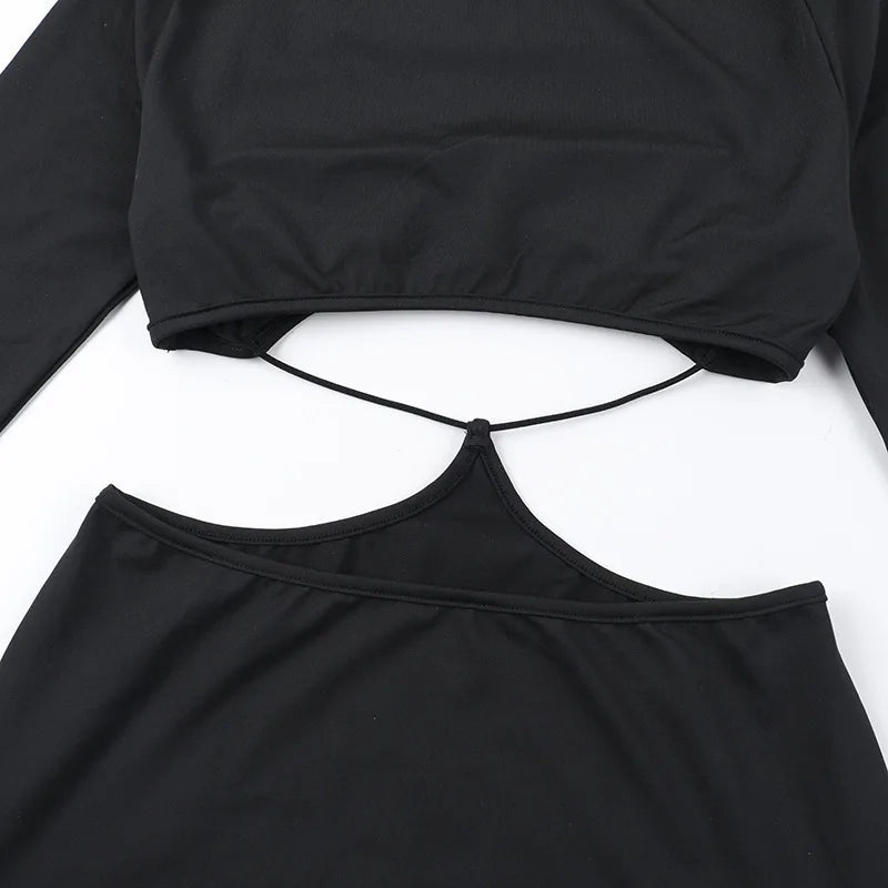 Hollow Out Long Sleeve Sexy Maxi Dress For Women Black Solid Backless Bodycon Club Party Sexy Long Dress Elegant