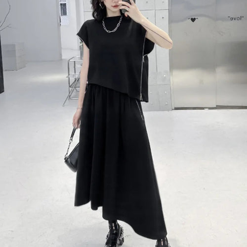 Load image into Gallery viewer, Black Zipper T-shirt Half-body Skirt Two Pieces Suit New Round Neck Short Sleeve Women Fashion Spring Summer 2025 1DJ0167
