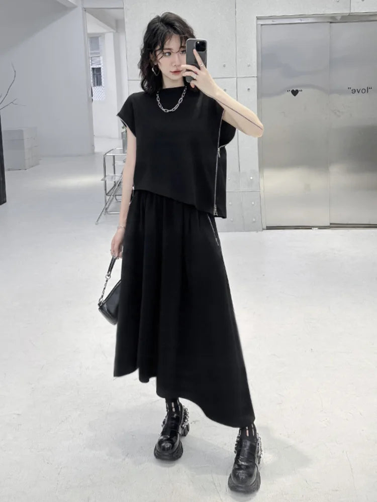 Black Zipper T-shirt Half-body Skirt Two Pieces Suit New Round Neck Short Sleeve Women Fashion Spring Summer 2025 1DJ0167