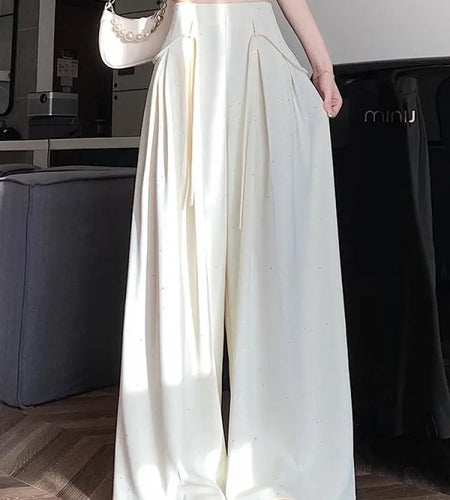 Women Black Beige Sequin Straight Wide Leg Long Pant Gray High Waist Casual Loose Lace-up Pleated Trousers Spring Summer New Y2k