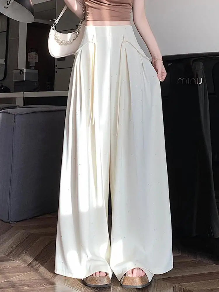 Women Black Beige Sequin Straight Wide Leg Long Pant Gray High Waist Casual Loose Lace-up Pleated Trousers Spring Summer New Y2k