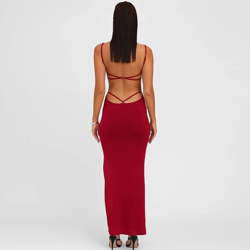 Spaghetti Strap Backless Sexy Maxi Dress For Women Fashion Lace-up Sleeveless Bodycon Club Party Back Slit Long Dress