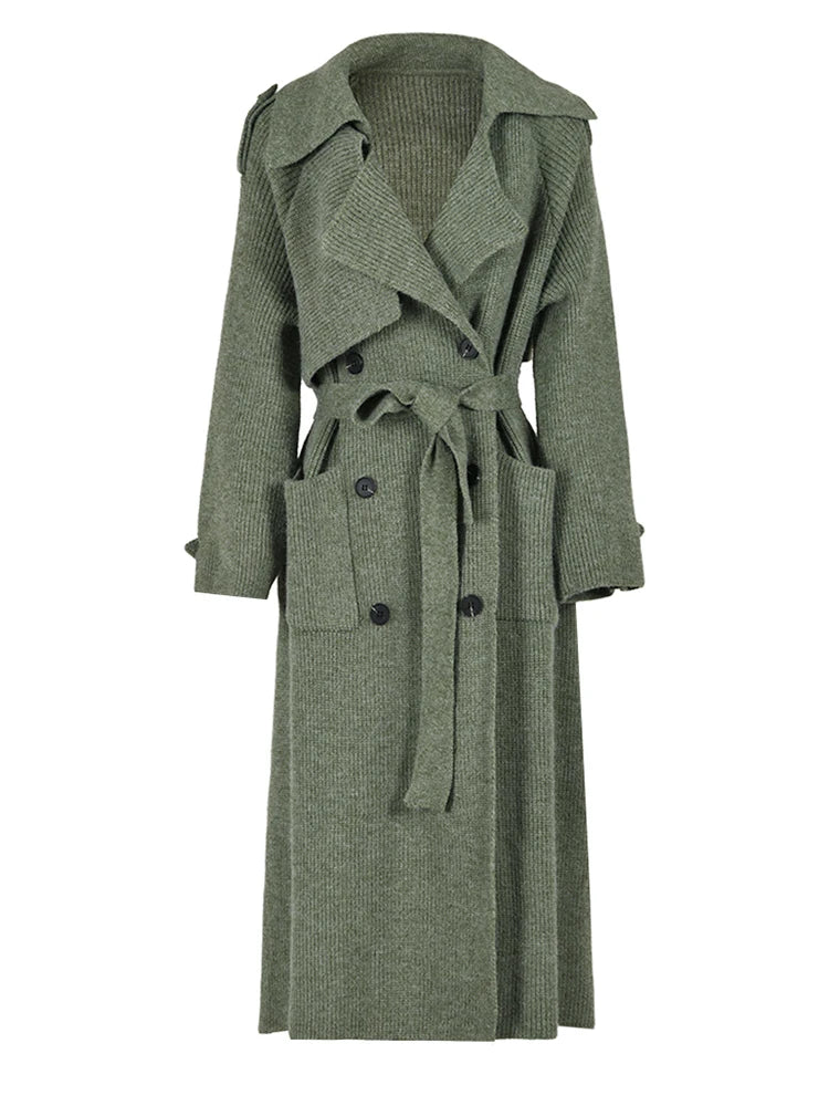 Gray Belted Pocket Big Size Knitting Cardigan Sweater V-Neck Long Sleeve Women New Fashion Spring Autumn 2025 17A2005H02