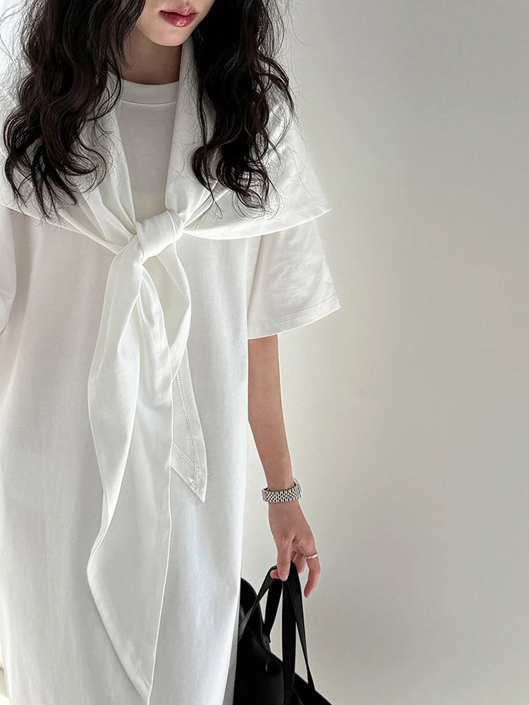 Women White Bandage Irregular Big Size Midi Dress New Round Neck Short Sleeve Fashion Tide Spring Summer 2025 1DJ1263