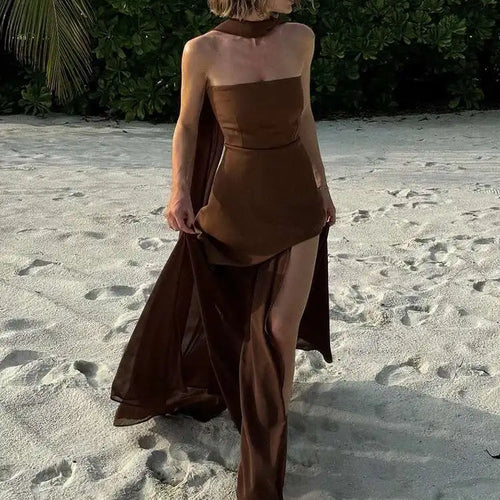 Load image into Gallery viewer, Elegant Strapless Sexy Maxi Dress For Women Gown With Scarf Off-shoulder Sleeveless Backless Split Beach Long Dress
