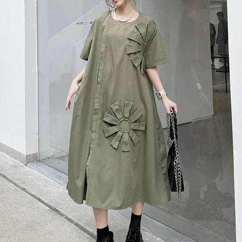 Load image into Gallery viewer, Women Green Flower Spliced Big Size Shirt Dress New Round Neck Short Sleeve Fashion Tide Spring Autumn 2025 1DH9678
