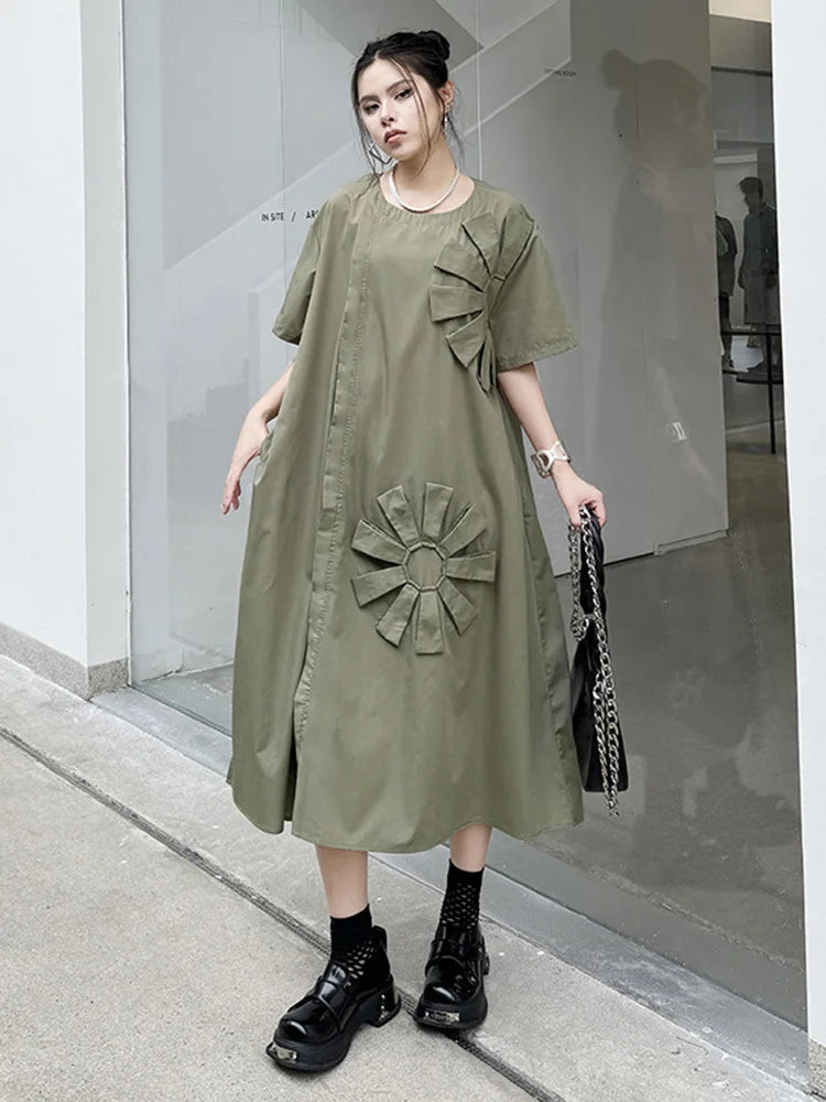Women Green Flower Spliced Big Size Shirt Dress New Round Neck Short Sleeve Fashion Tide Spring Autumn 2025 1DH9678