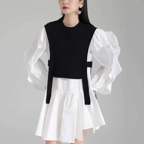 Load image into Gallery viewer, Women Black Knitting Color-block Ruffles Elegant Dress New Round Neck Long Sleeve Fashion Tide Spring Autumn 2025 1DH6758
