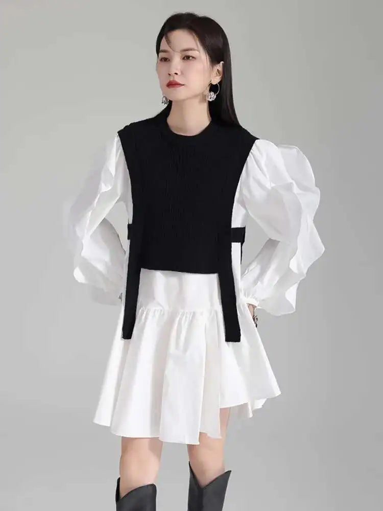 Women Black Knitting Color-block Ruffles Elegant Dress New Round Neck Long Sleeve Fashion Tide Spring Autumn 2025 1DH6758