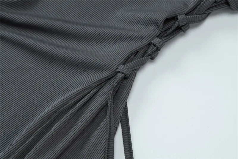 Ribbed Bandage Sexy Maxi Dress For Women Solid Lace-up O Neck Long Sleeve High Waist Elegant Long Dress Fashion