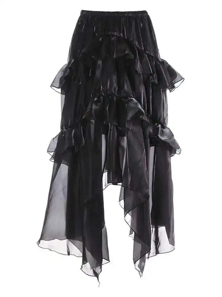 High Elastic Waist Brown Organza Glossy Ruffled Asymmetrical Half-body Skirt Women Fashion New Spring Autumn 2025 1DJ0073