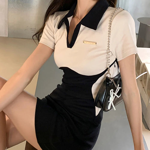 Load image into Gallery viewer, Spell Color High Waist Slim Sexy Polo Dress High Street Tight Hip Short Sleeve Split Women Dresses Chic Female Y2k Dress
