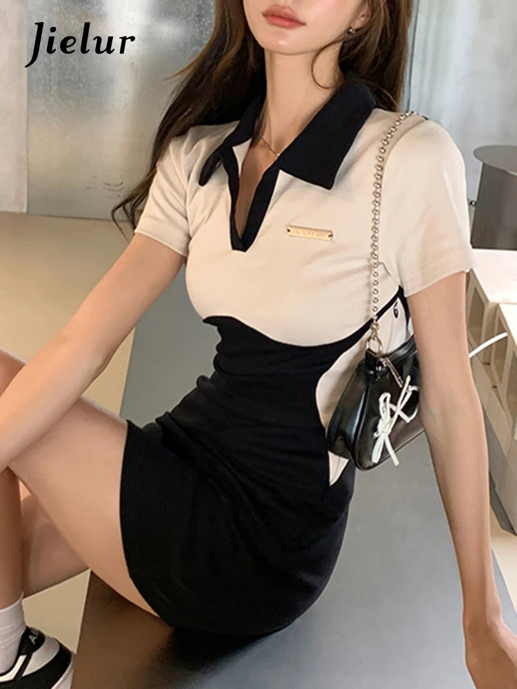 Spell Color High Waist Slim Sexy Polo Dress High Street Tight Hip Short Sleeve Split Women Dresses Chic Female Y2k Dress