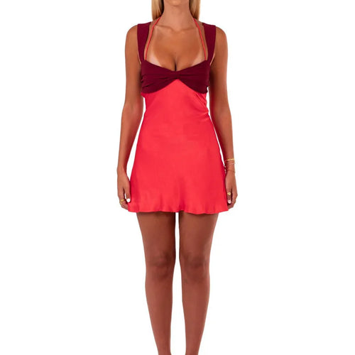 Load image into Gallery viewer, Patchwork Sleeveless Sexy Mini Dress For Women Robe Satin Strapless Backless Lace-up High Waist A-line Club Dress
