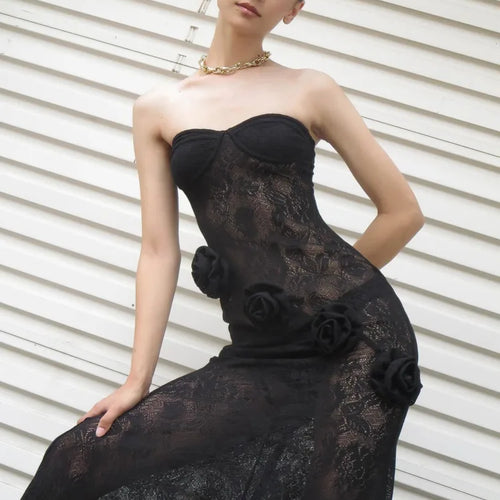 Load image into Gallery viewer, Elegant Lace Patchwork Bodycon Party Evening Dress Women Sexy Strapless 3D Flower Slim Backless Dress Autumn/winter 2025
