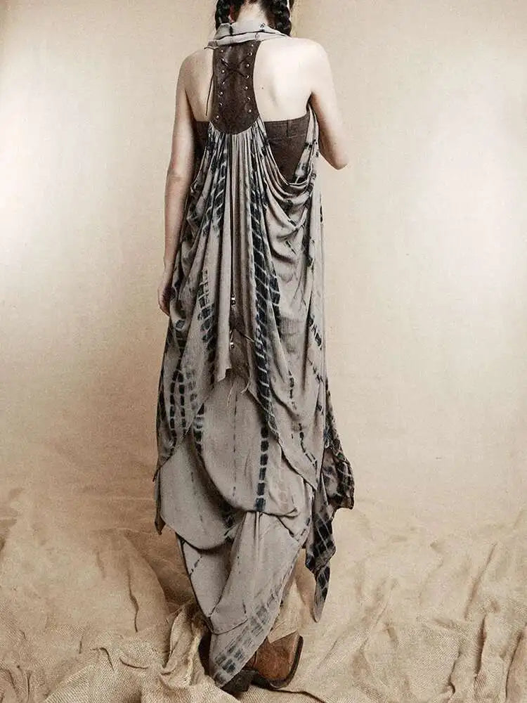 Women Brown Irregular Spliced Tie Dye Vintage Long Strapless Dress New Sleeveless Fashion Tide Spring Autumn 2025 1DH9375
