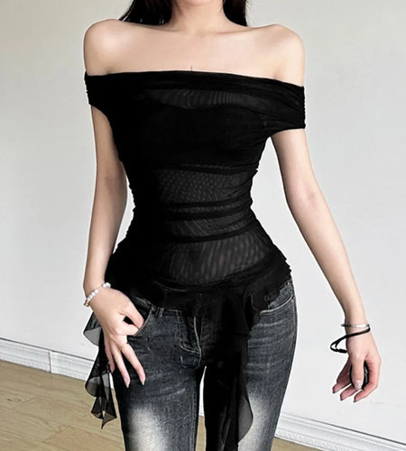 Summer Sexy Y2k Aesthetic Vintage Gauze T-Shirts Streetwear Slash Neck Slim Tshirts Harajuku Summer Irregular Ruffled Crop Tops