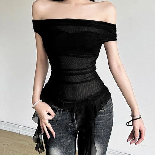 Load image into Gallery viewer, Summer Sexy Y2k Aesthetic Vintage Gauze T-Shirts Streetwear Slash Neck Slim Tshirts Harajuku Summer Irregular Ruffled Crop Tops
