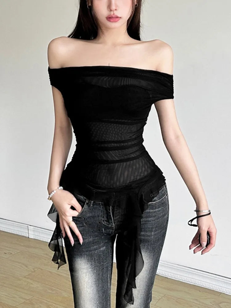 Summer Sexy Y2k Aesthetic Vintage Gauze T-Shirts Streetwear Slash Neck Slim Tshirts Harajuku Summer Irregular Ruffled Crop Tops