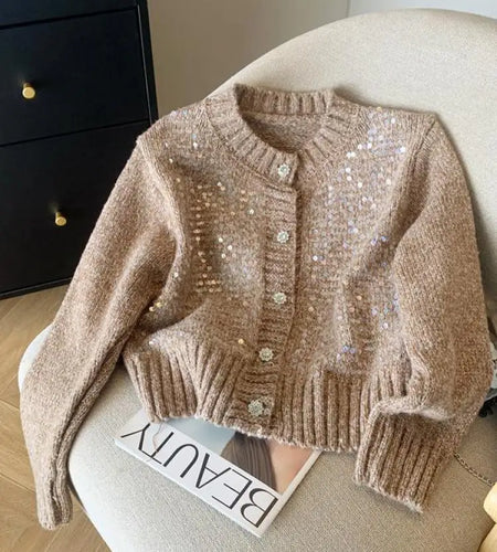 Vintage Women White Round Neck Cardigan Sequin Sweater Brown Elegant Long-sleeved Short Knitted Tops 2024 Winter Fashion Popular