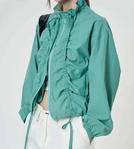 Green Drawstring Big Size Short Jacket New Stand Collar Long Sleeve Women Coat Fashion Tide Spring Autumn 2025 1DH9497