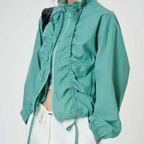 Load image into Gallery viewer, Green Drawstring Big Size Short Jacket New Stand Collar Long Sleeve Women Coat Fashion Tide Spring Autumn 2025 1DH9497
