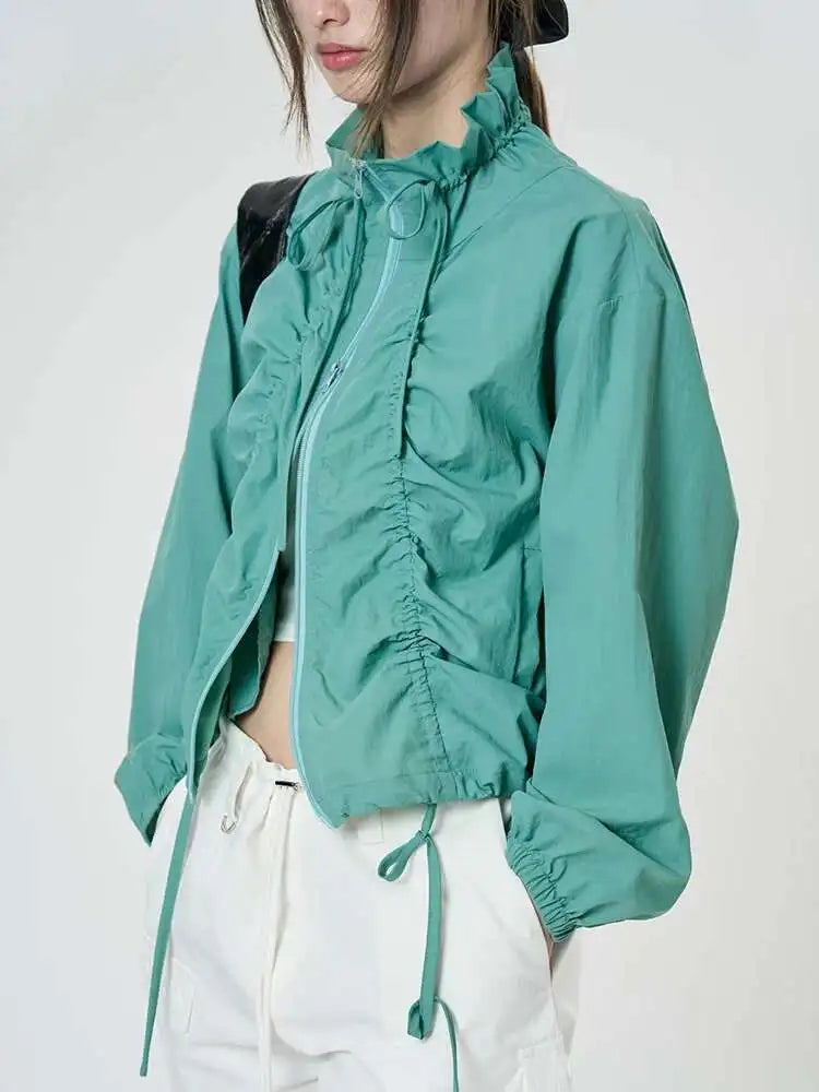 Green Drawstring Big Size Short Jacket New Stand Collar Long Sleeve Women Coat Fashion Tide Spring Autumn 2025 1DH9497